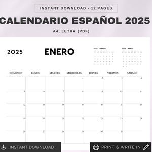 Calendario 2025 Imprimible | Printable 2025 Spanish Calendar | Letra, A4 Calendar | Inicio Domingo y Lunes | Calendario en Español