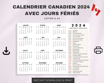 Calendrier Canadien 2024 Imprimable avec Jours Fériés| Printable 2024 Canadian Calendar with Holidays| Début Lundi et Dimanche | A4 & Letter