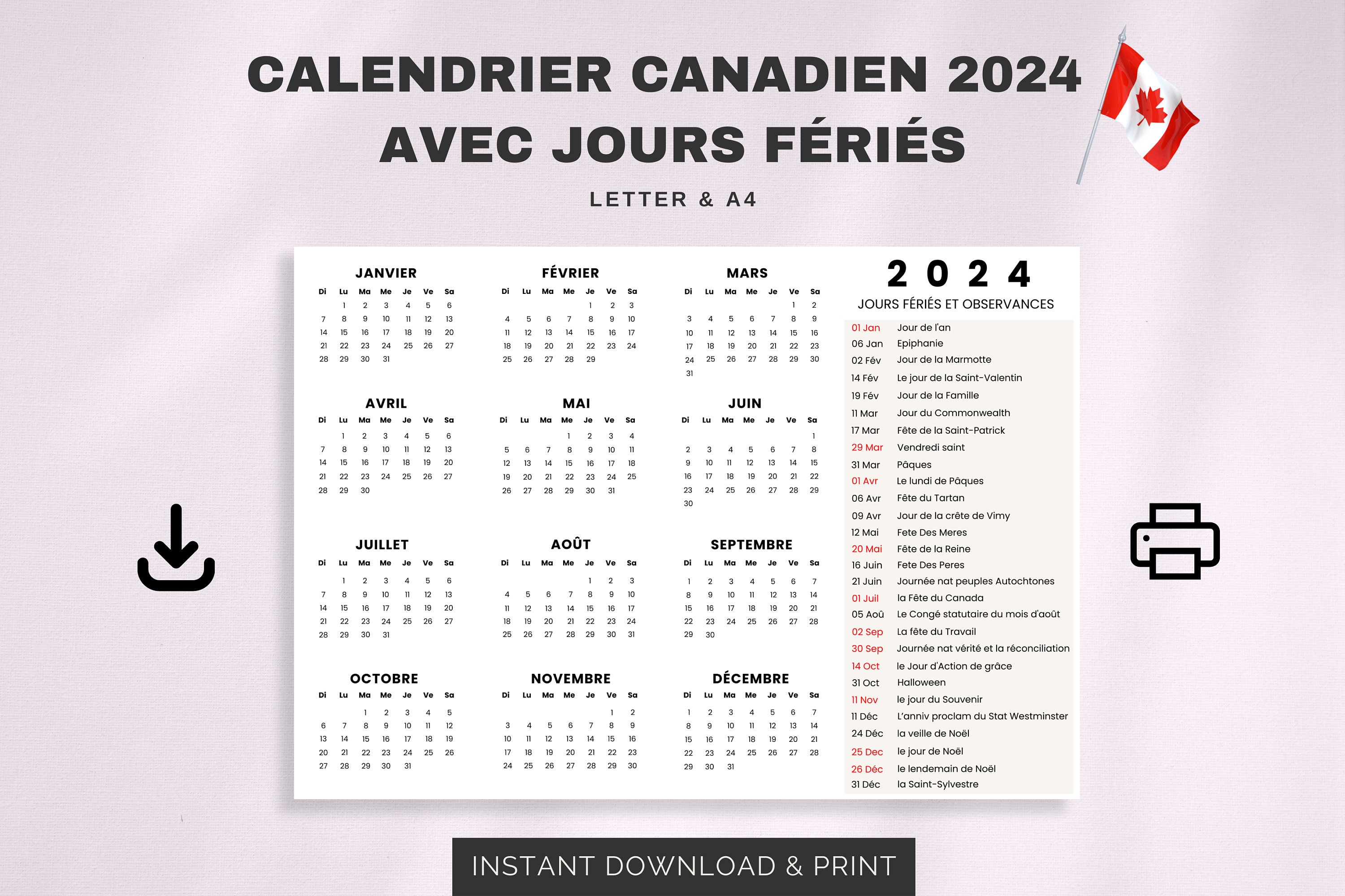 Calendrier Canadien 2024 Imprimable Avec Jours Fériés Printable 2024