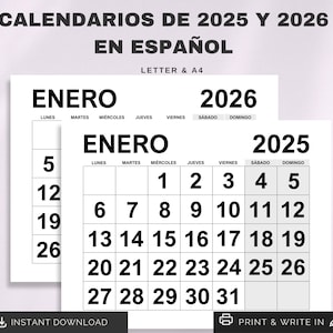 Calendarios 2025 y 2026 en Español | Printable 2025 & 2026 Spanish Calendars | Letra, A4 Calendarios | Calendarios Español Imprimible