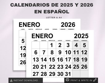 Calendarios 2025 y 2026 en Español | Printable 2025 & 2026 Spanish Calendars | Letra, A4 Calendarios | Calendarios Español Imprimible