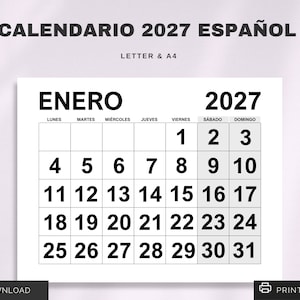 Peut inclure: Un calendrier imprimable pour janvier 2027 en espagnol. Le calendrier est en noir et blanc et présente les jours de la semaine en espagnol. Le calendrier est conçu pour du papier au format lettre ou A4.