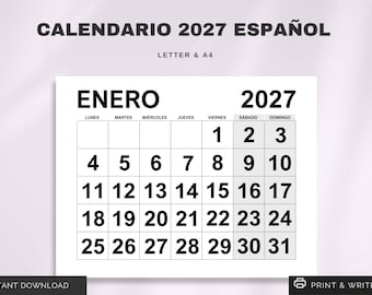 Peut inclure: Un calendrier imprimable pour janvier 2027 en espagnol. Le calendrier est en noir et blanc et présente les jours de la semaine en espagnol. Le calendrier est conçu pour du papier au format lettre ou A4.