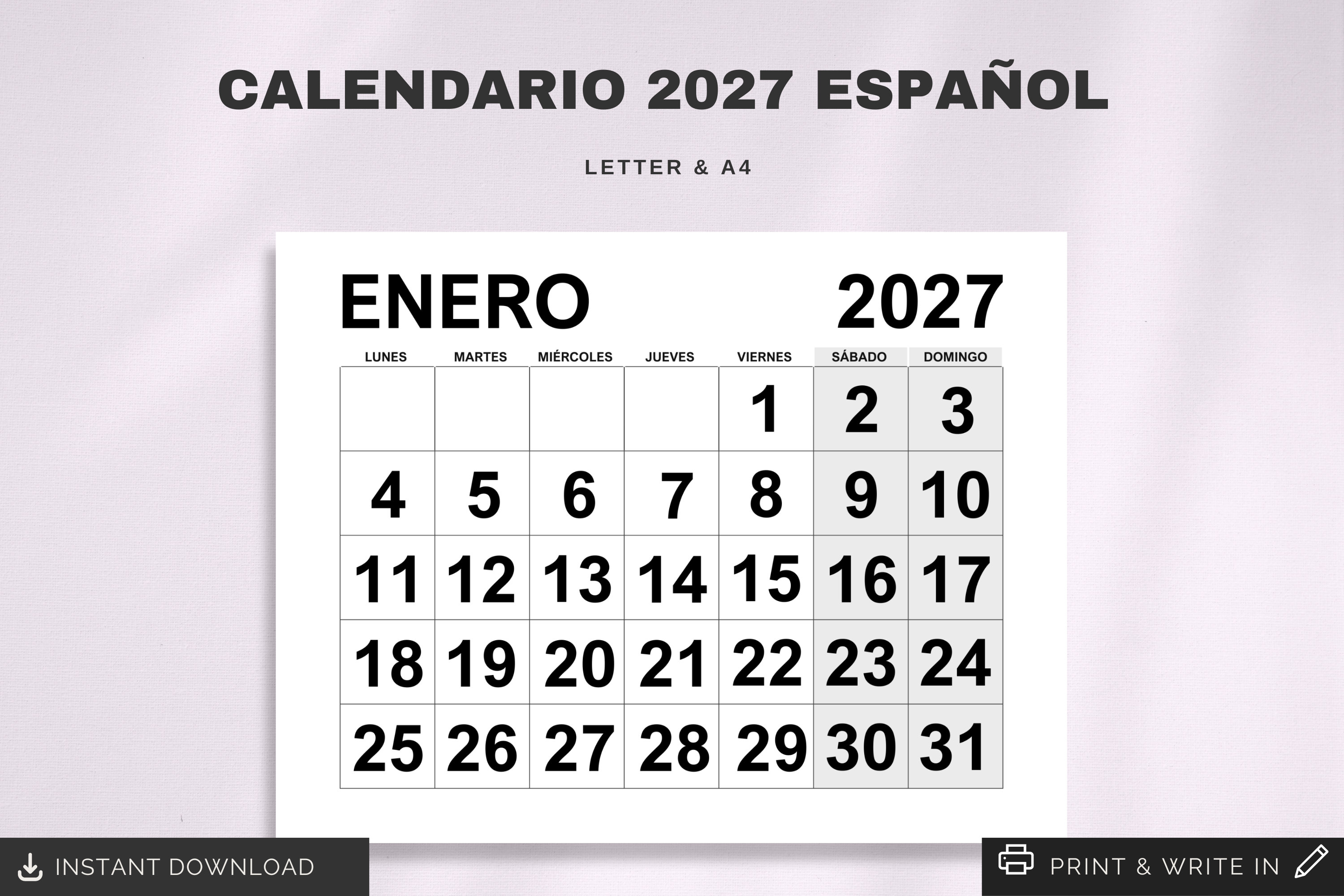 Calendario 2027 En Español | Printable 2027 Spanish Calendar | Inicio Domingo Y Lunes | Letra, A4 Calendario | Calendario Español Imprimible - Etsy New Zealand