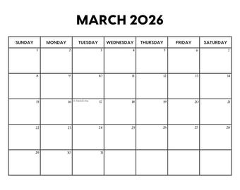 Calendário de março de 2026 com feriados | Calendário de março para imprimir | Início no domingo e na segunda-feira | Formato Carta / A4 PDF / PNG | Planejador de março