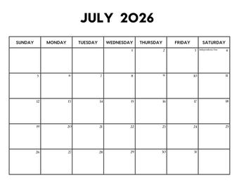 Calendrier de juillet 2026 avec jours fériés | Calendrier de juillet imprimable | Début dimanche et lundi | Lettre / A4 PDF / PNG | Agenda de juillet