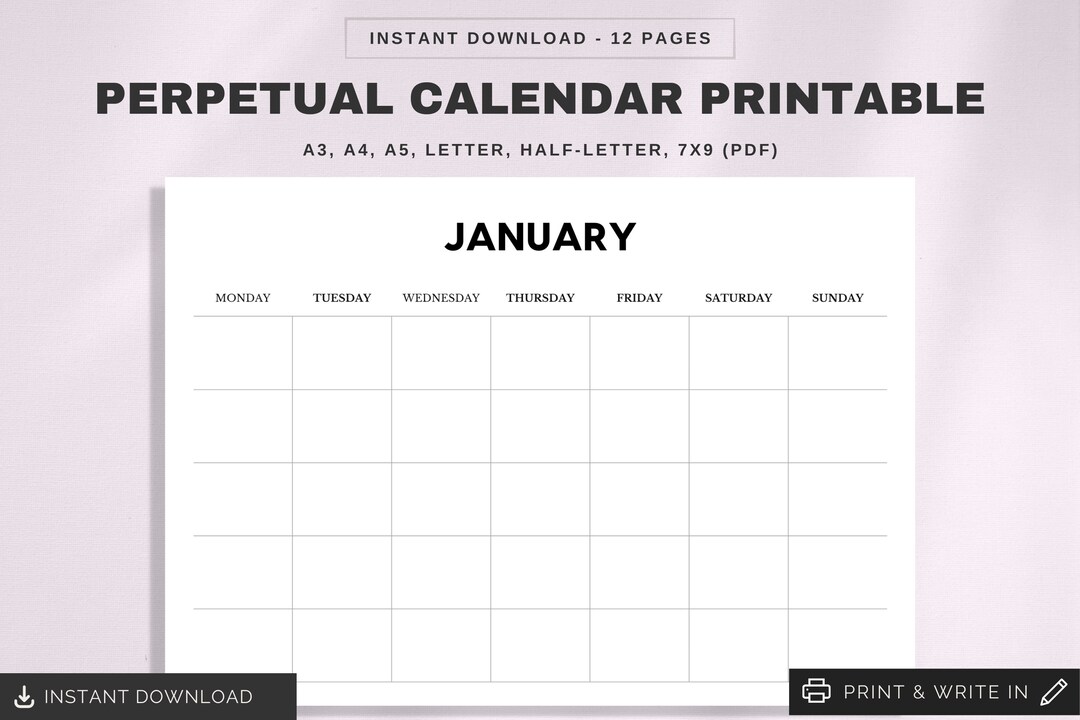 perpetual-calendar-undated-monthly-planner-birthday-blank-calendar-sunday-monday-start-printable-calendar-pages-pdf-etsy