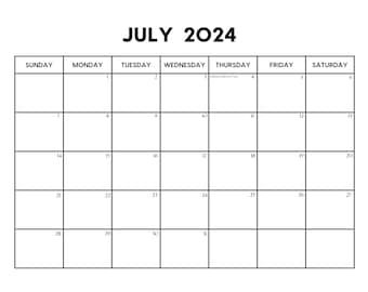 2024 July Calendar with Holidays | July Calendar Printable | Sunday & Monday Start | Letter / A4  PDF / PNG / JPG | July Planner