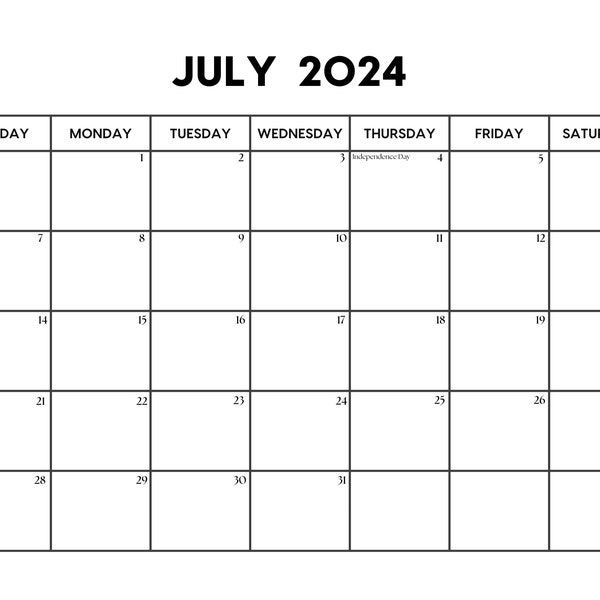 Kalender 2024 Juli mit Feiertagen | Juli Kalender zum Ausdrucken | Sonntag & Montag Start | Letter/A4 PDF/PNG/JPG | Juli Planer