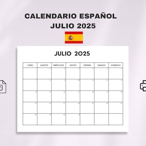 Calendario Julio 2025 / Calendario Julio Imprimible / Domingo & Lunes Inicio / Carta / A4 / PDF / Calendario Julio 2025 para Imprimir