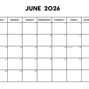 Puede incluir: Un calendario en blanco y negro para junio de 2026. La cuadrícula del calendario muestra los días de la semana en la parte superior y las fechas dentro de la cuadrícula. Se indican festivos como el Día del Padre.