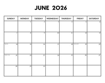 2026 Kalender Juni mit Feiertagen | Monatskalender Juni | Sonntag & Montag Start | Letter/A4 PDF/PNG | Juni Planer