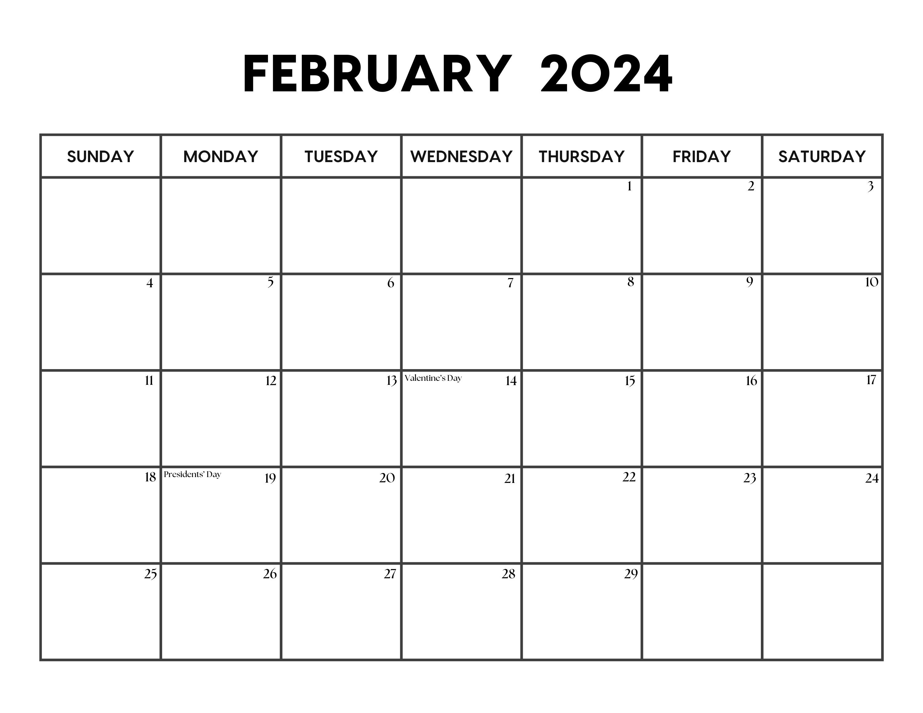 2024 February Calendar With Holidays February Calendar Printable Sunday & Monday Start Letter