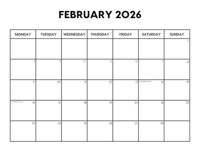 2026 February Calendar With Holidays February Calendar Printable