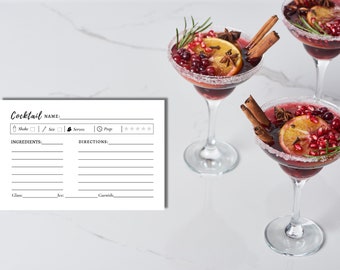 Utskrivbart receptkort för cocktails, mall för receptkort för drinkar, receptkort för cocktails, redigerbara receptkort, receptkort 4x6.