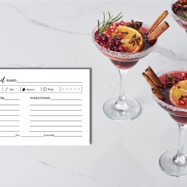 Cocktail Recipe Card Printable, drink recipe card template, cocktail recipe cards, editable recipe cards, 4x6 recipe cards.