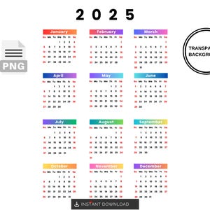 透明な背景の 2025 年カレンダー デザイン | 印刷可能なデジタル カレンダー PNG