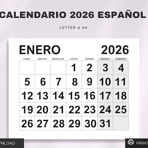 Puede incluir: Un calendario imprimible en blanco y negro para enero de 2026 en español. El calendario tiene los días de la semana enumerados en español, con el mes de enero en la parte superior. El calendario está diseñado para papel tamaño carta o A4.