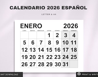 Calendario 2026 en Español | Printable 2026 Spanish Calendar | Inicio Domingo y Lunes | Letra, A4 Calendario | Calendario Español Imprimible