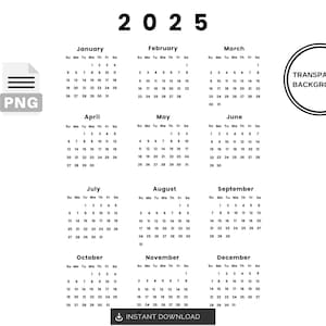 デジタルカレンダー 2025 PNG | 透明な背景のカレンダーデザイン | 印刷可能な PNG カレンダー