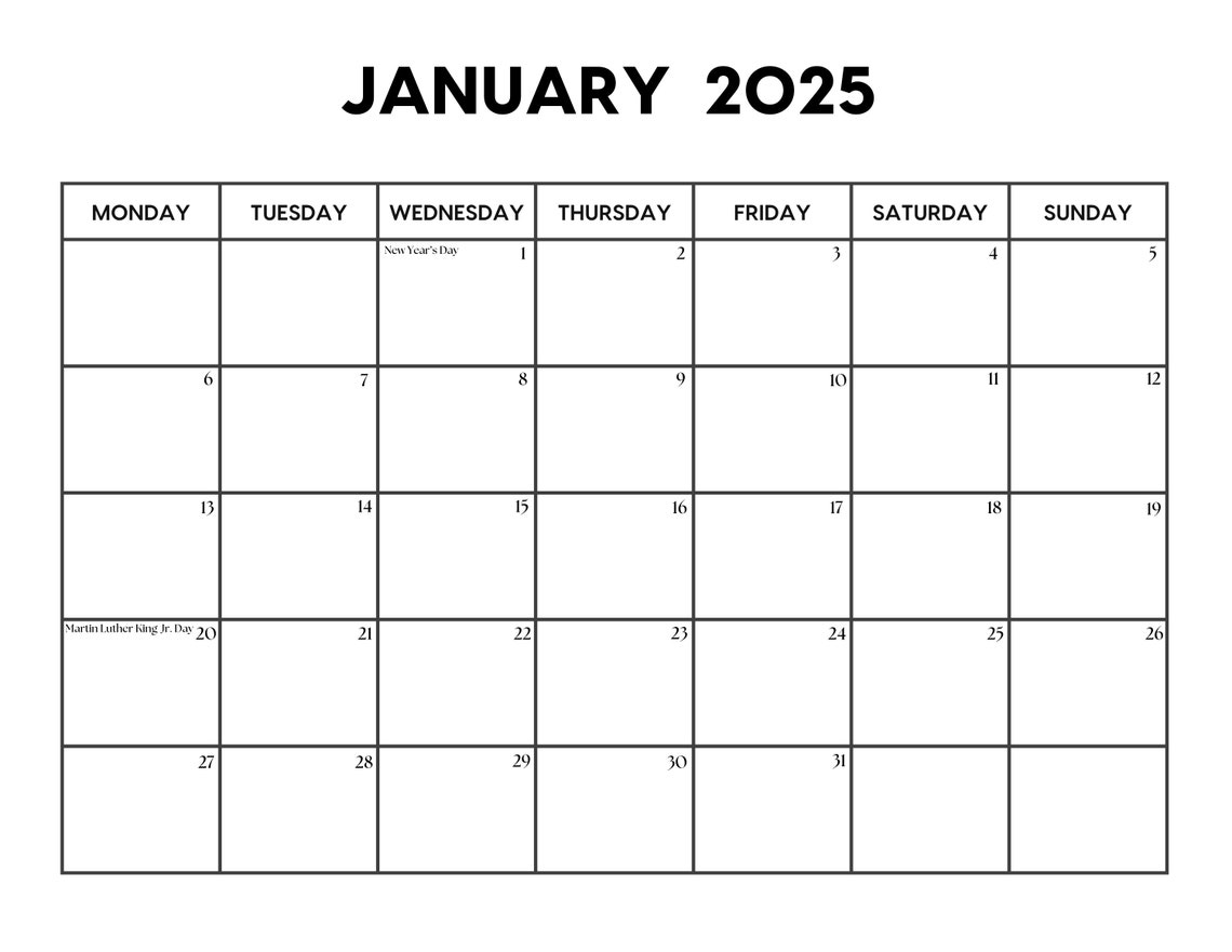 2025 January Calendar With Holidays January Calendar Printable Sunday
