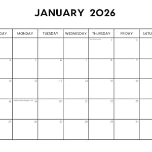 Calendario de enero de 2026 con días festivos / Calendario de enero imprimible / Inicio en domingo y lunes / Carta / A4 PDF / PNG / Planificador de enero