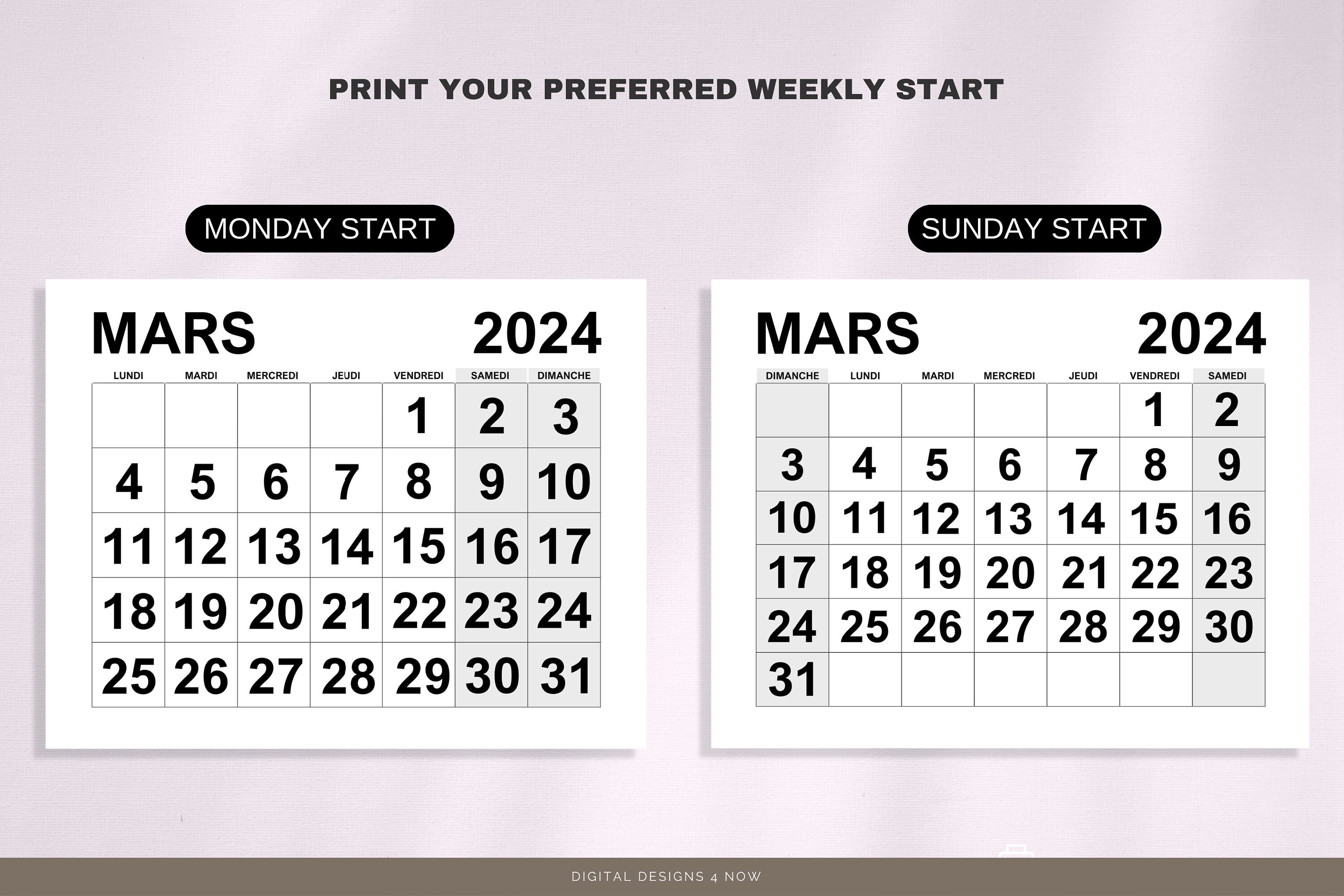 Calendrier Français 2024 Printable 2024 French Calendar Début Lundi Et ...