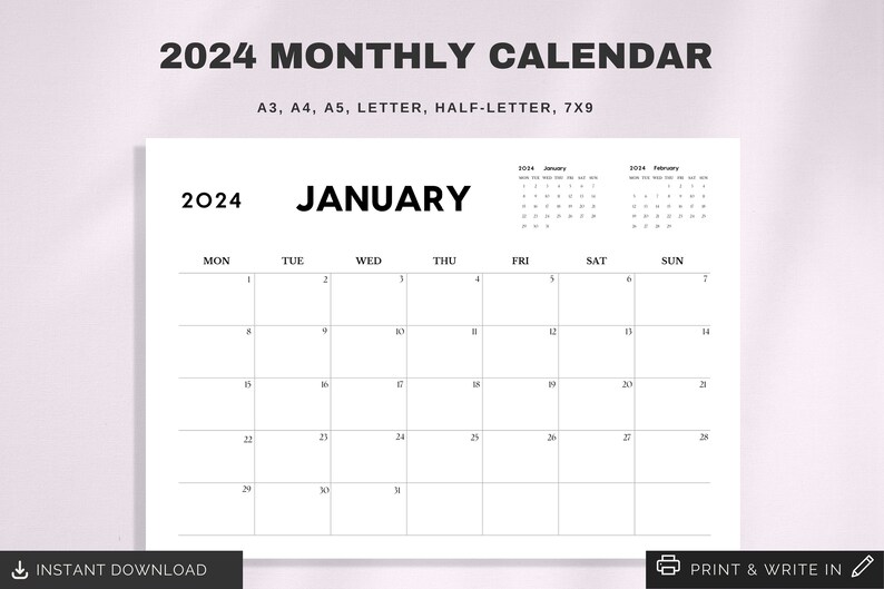 2024 Calendar Printable Sunday / Monday Start Letter &amp; A4 Calendar PDF ...