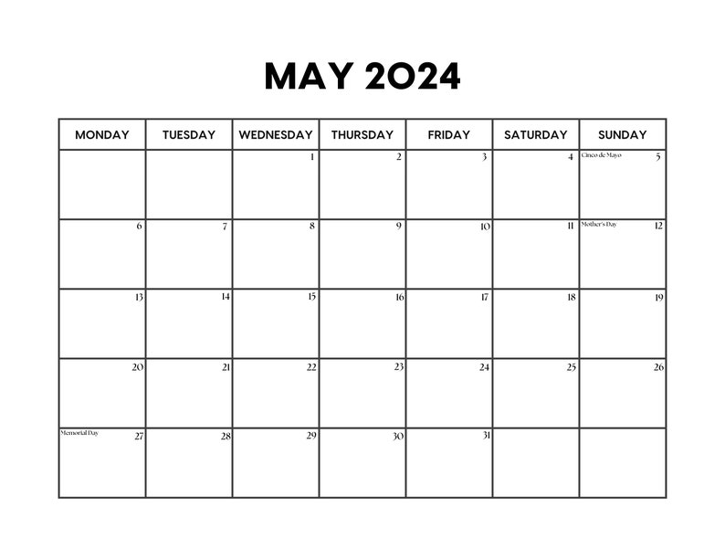 2024 May Calendar with Holidays May Calendar printable Sunday & Monday Start Letter / A4 PDF / PNG / JPG May Planner image 2