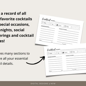 Cocktail Recipe Card Printable, Drink Recipe Card Template, Cocktail