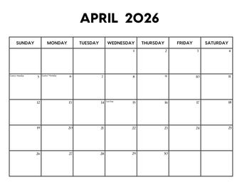 Calendrier d'avril 2026 avec jours fériés | Calendrier d'avril imprimable | Début dimanche et lundi | Lettre / A4 PDF / PNG | Agenda d'avril