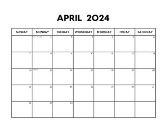 Calendario Abril 2024 con Días Festivos / Calendario Abril imprimible / Inicio Domingo y Lunes / Carta / A4 PDF / PNG / JPG / Planificador Abril