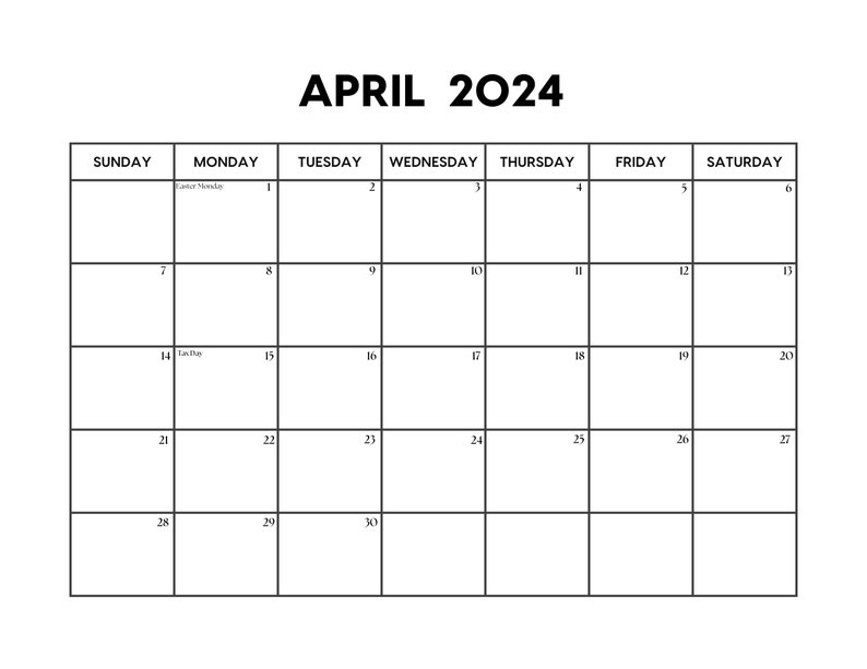 2024 April Calendar with Holidays April Calendar printable Sunday & Monday Start Letter / A4 PDF / PNG / JPG April Planner image 1