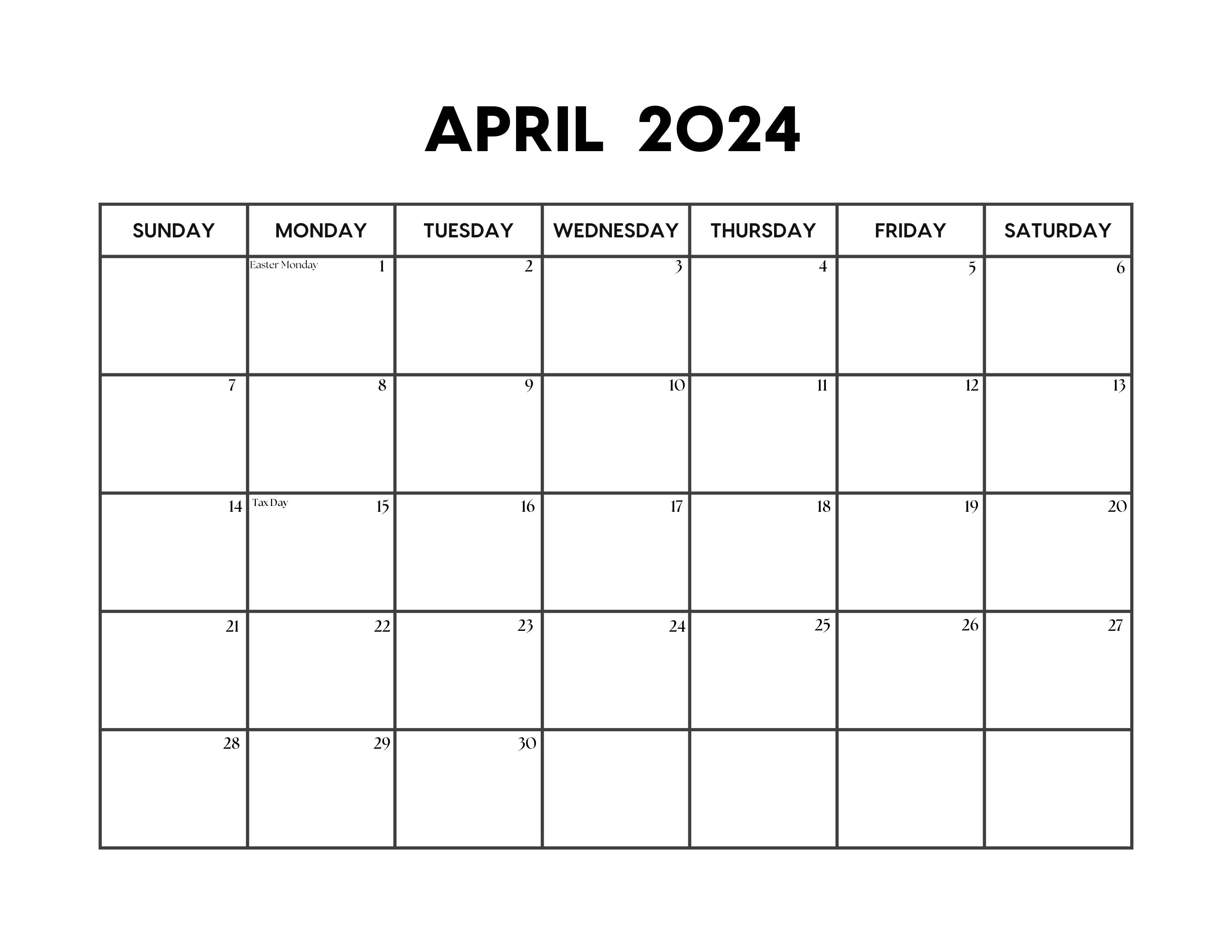 2024 april calendar with holidays april calendar printable sunday