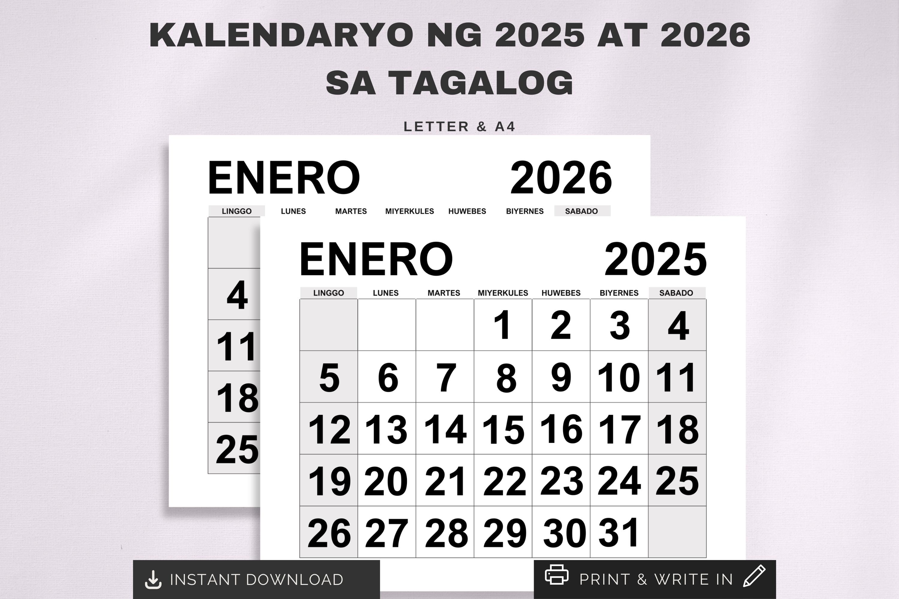 Kalendaryo Ng 2025 at 2026 Sa Tagalog Printable 2025, 2026 Filipino
