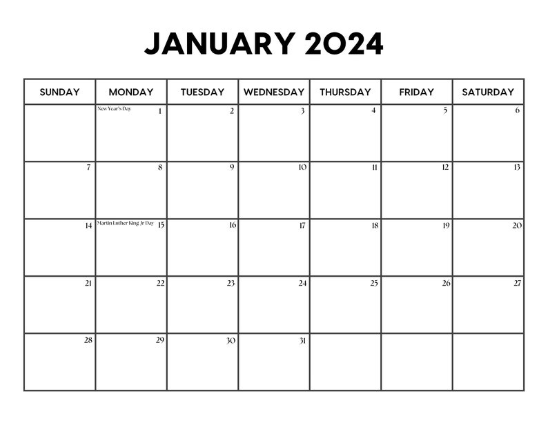 2024 January Calendar With Holidays January Calendar Download Sunday