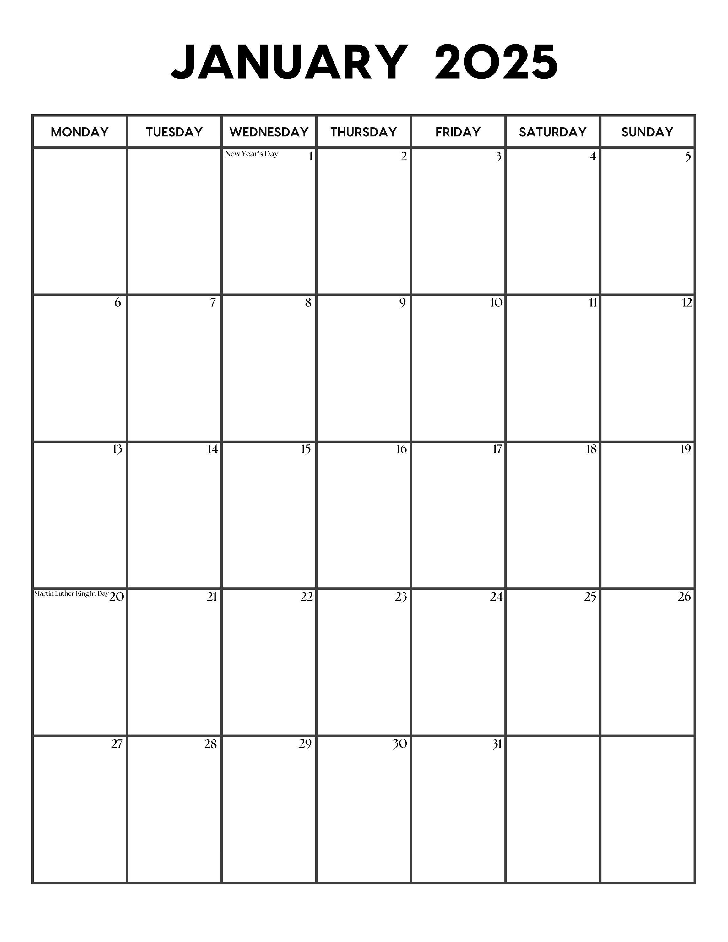 2025 January Calendar With Holidays in Portrait Orientation January Calendar Printable Sunday