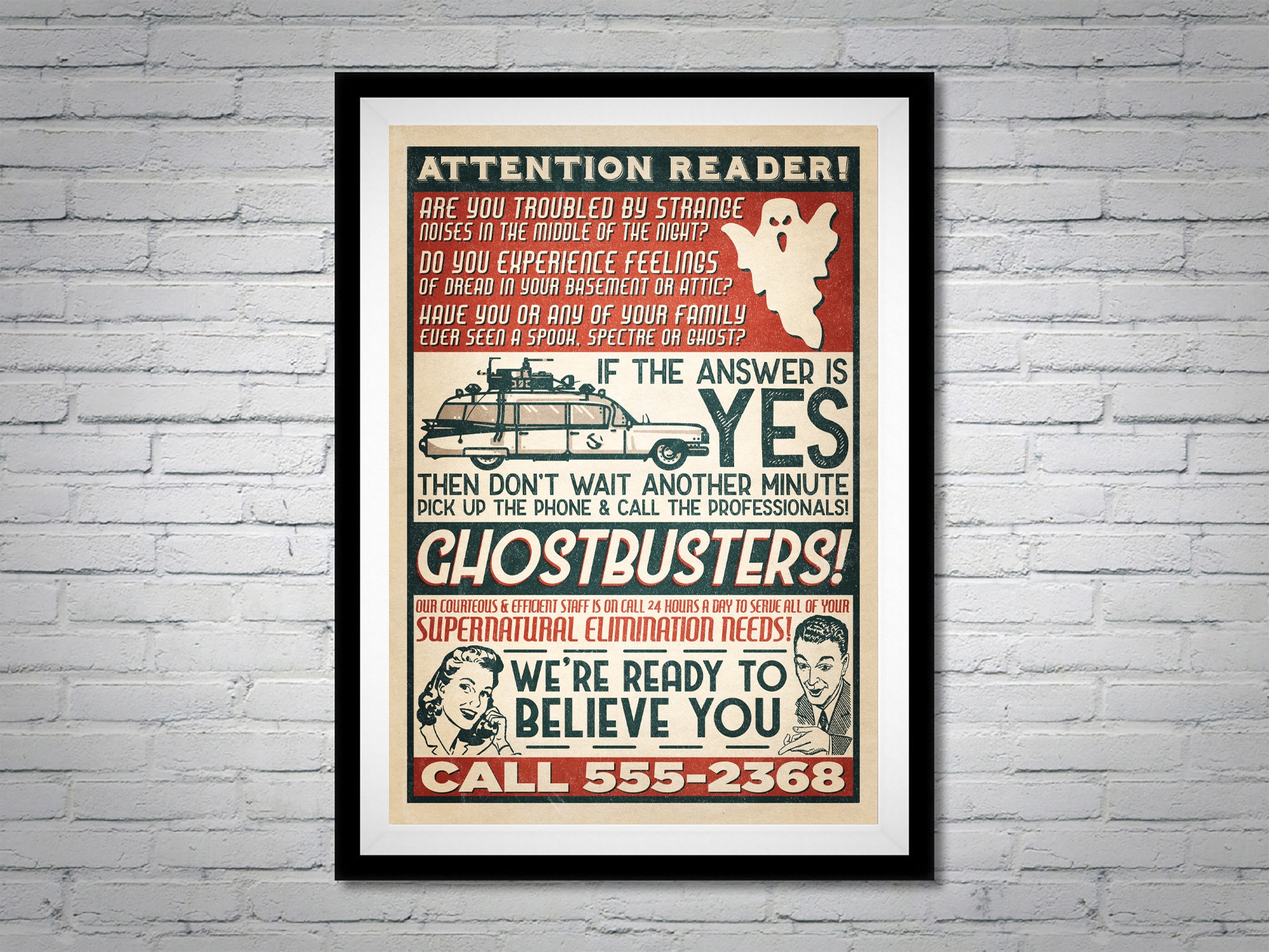 Discover Ghostbusters 80s Supernatural bil mur Retro Advert Movie Poster Print