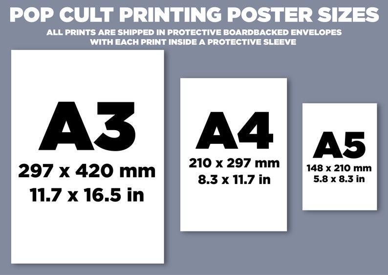 May include: Image showing three poster sizes: A3 (11.7 x 16.5 in), A4 (8.3 x 11.7 in), and A5 (5.8 x 8.3 in). The text "POP CULT PRINTING POSTER SIZES" is at the top. The A3 size is 297 x 420 mm.