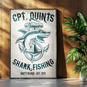 Jaws-filmaffisch: Quint hajfiske retroannons heminredning väggkonsttryck present bild 1