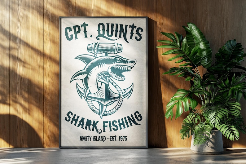 Jaws-filmaffisch: Quint hajfiske retroannons heminredning väggkonsttryck present bild 1