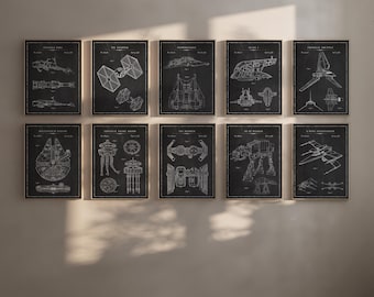 Star Wars Spaceship Blueprint Poster: Millennium Falcon, X-Wing, Tie Fighter Wall Art Print