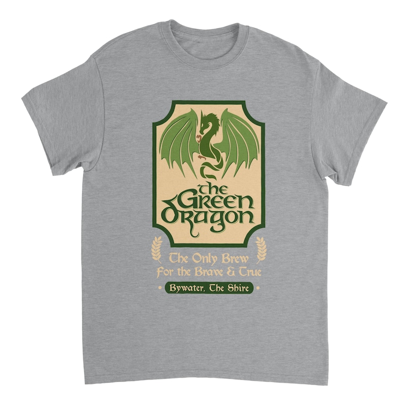 May include: A heather gray t-shirt with a green dragon graphic and the text "the GREEN Oragon" in a vintage style font. The text below the dragon reads "The Only Brew for the Brave & True" and "Bywater, The Shire".