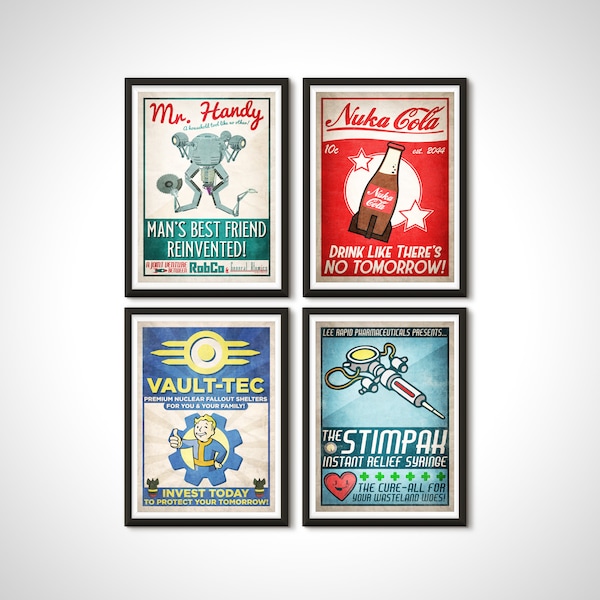 Poster de jeu Fallout Mr Handy Vault Tec Nuka Cola Retro Ad Print Collection - Art mural d'anniversaire, cadeau d'anniversaire