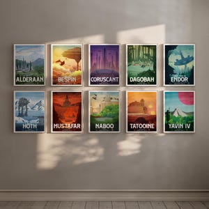 Star Wars-set met reisposters: scifi-muurkunst retro advertentie planeet