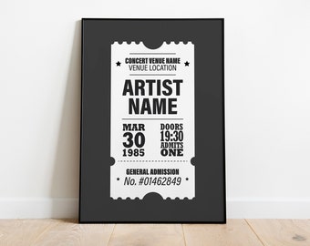 Gepersonaliseerde Ticket Stub Concert Gig Print Poster - Aangepaste band artiest verjaardag huwelijksverjaardag cadeau kunst aan de muur