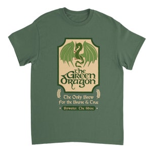 May include: Green t-shirt with a graphic of a green dragon and the text "the GREEN Dragon" with the text "The Only Brew for the Brave & True" and "Bywater, The Shire."