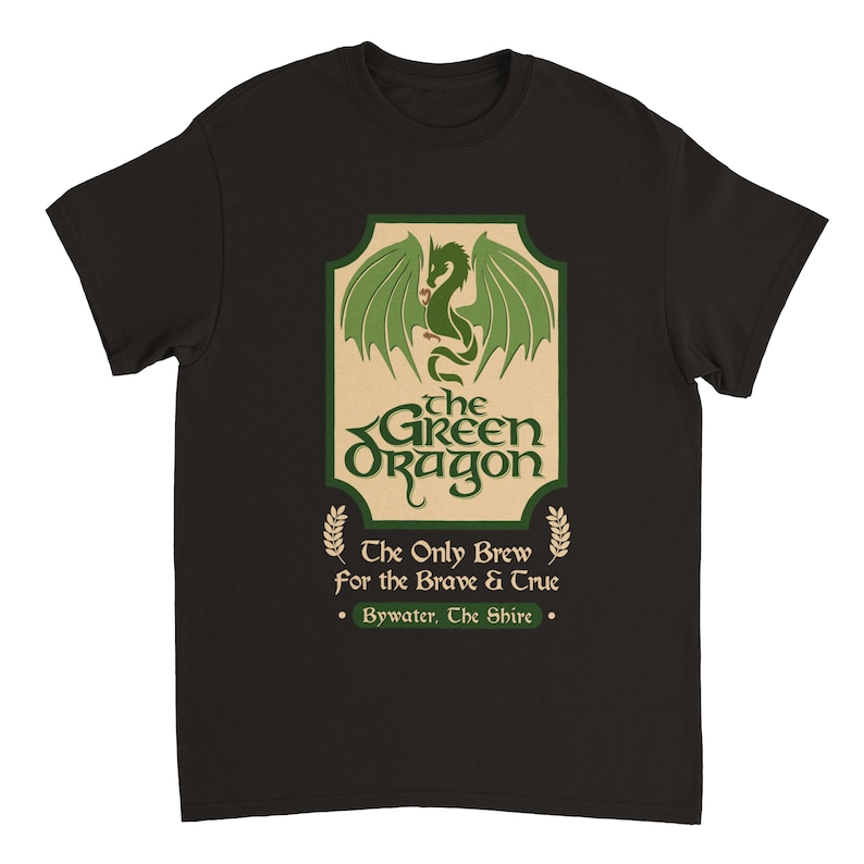 May include: Black t-shirt with a green dragon graphic and the text "the GREEN Dragon" and "The Only Brew for the Brave & True" and "Bywater, The Shire".