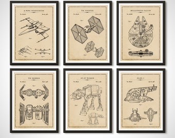 Star Wars Movie Poster Blueprints - Millennium Falcon X Wing Tie Fighter Mandalorian Star Wars Trilogy Wall Art Birthday Anniversary Gift