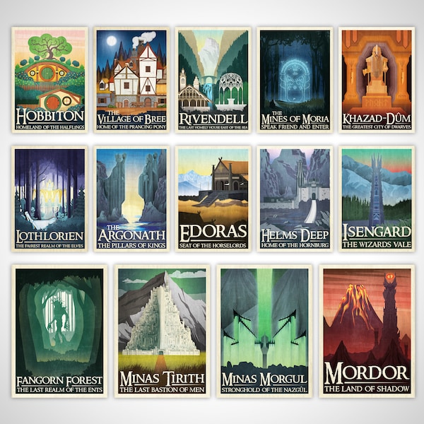 Lord of the Rings Poster Retro Travel Print Postcard Set - Fellowship Middle Earth Journey - Birthday Wedding Anniversary Gift Wall Art